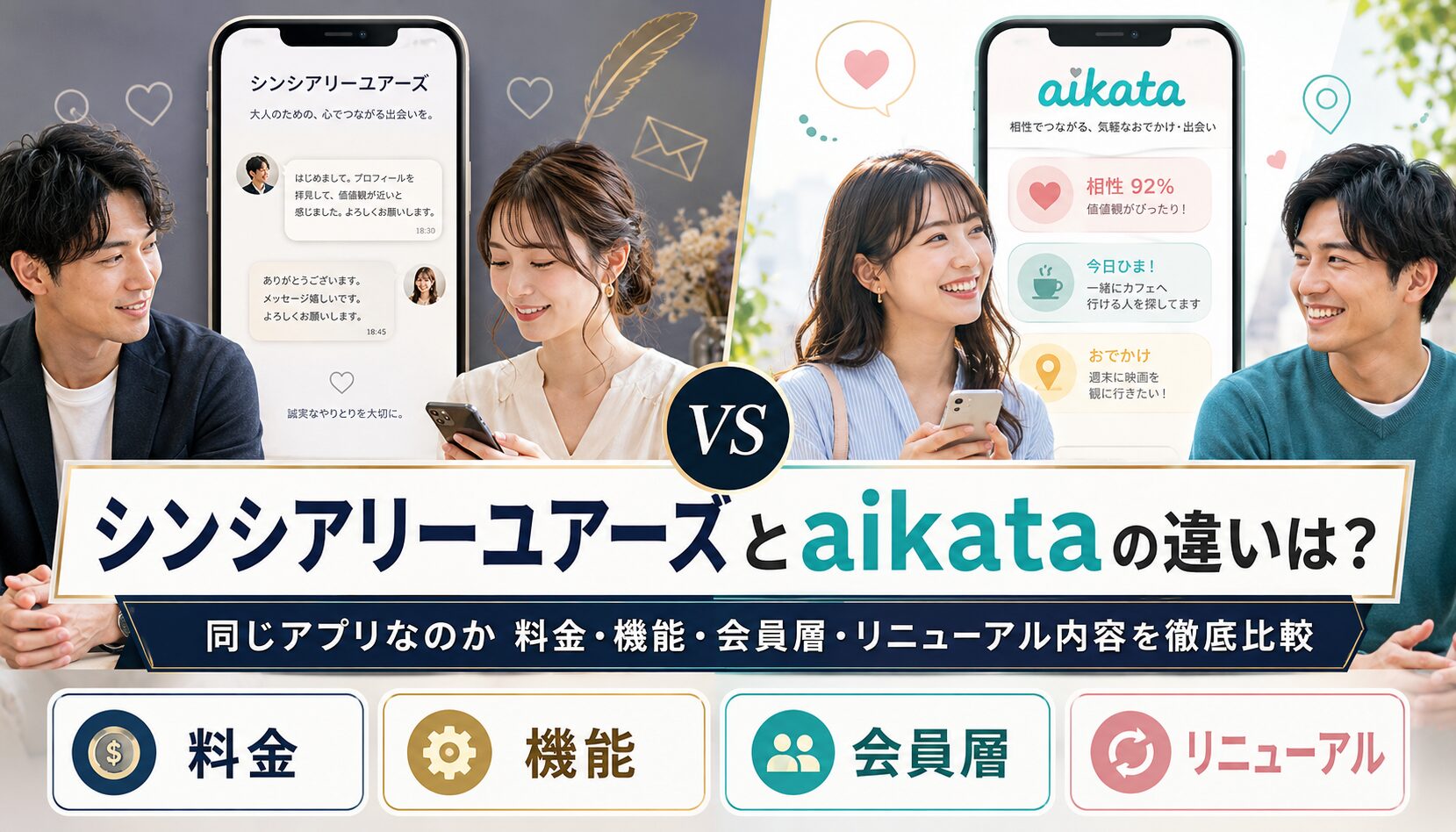 シンシアリーユアーズとaikata（アイカタ）の違いは？同じアプリなのか料金・機能・会員層・リニューアル内容を徹底比較！